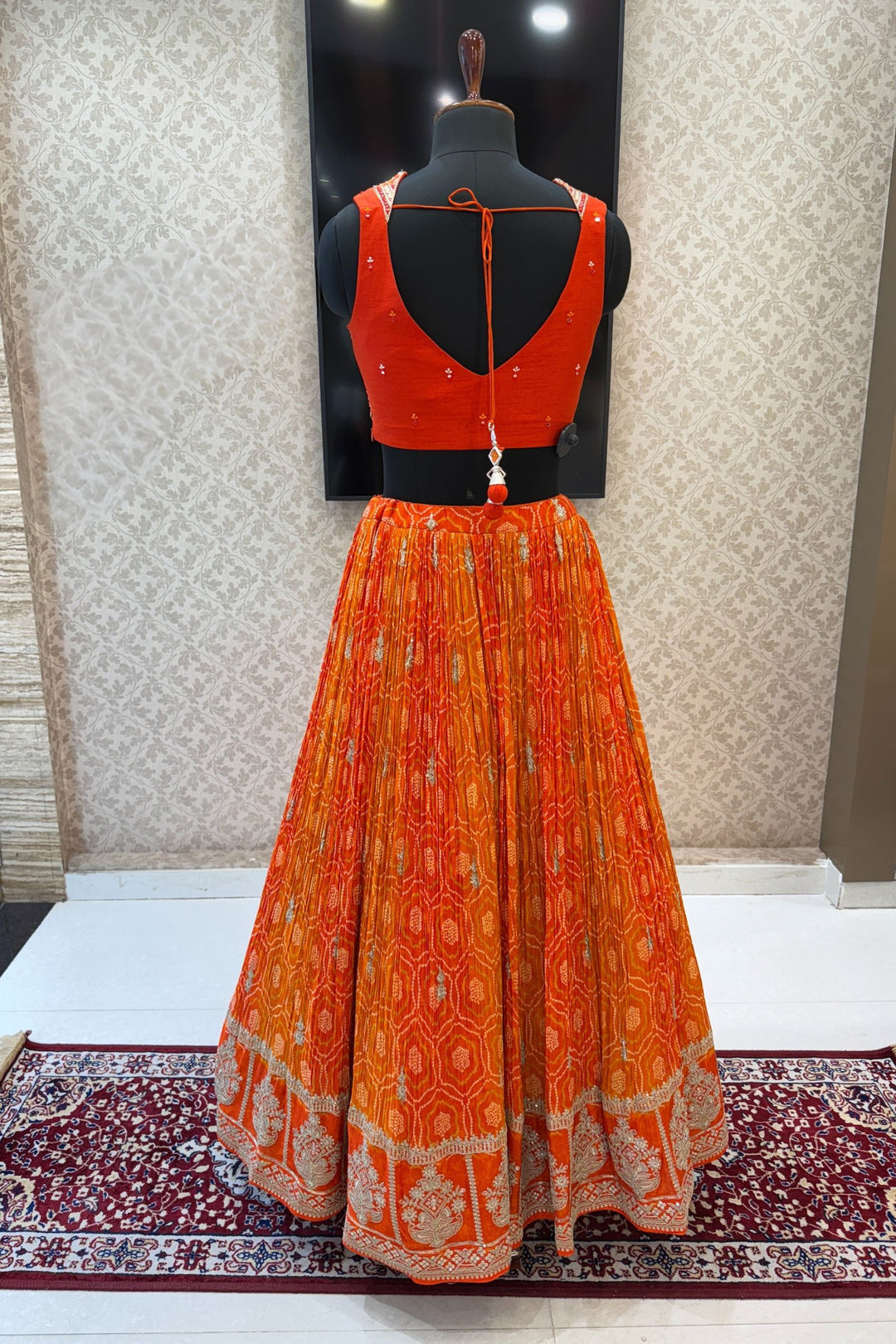 Orange Mirror, Stone, Zardozi and Sequins work with Bandini Print Crop Top Lehenga