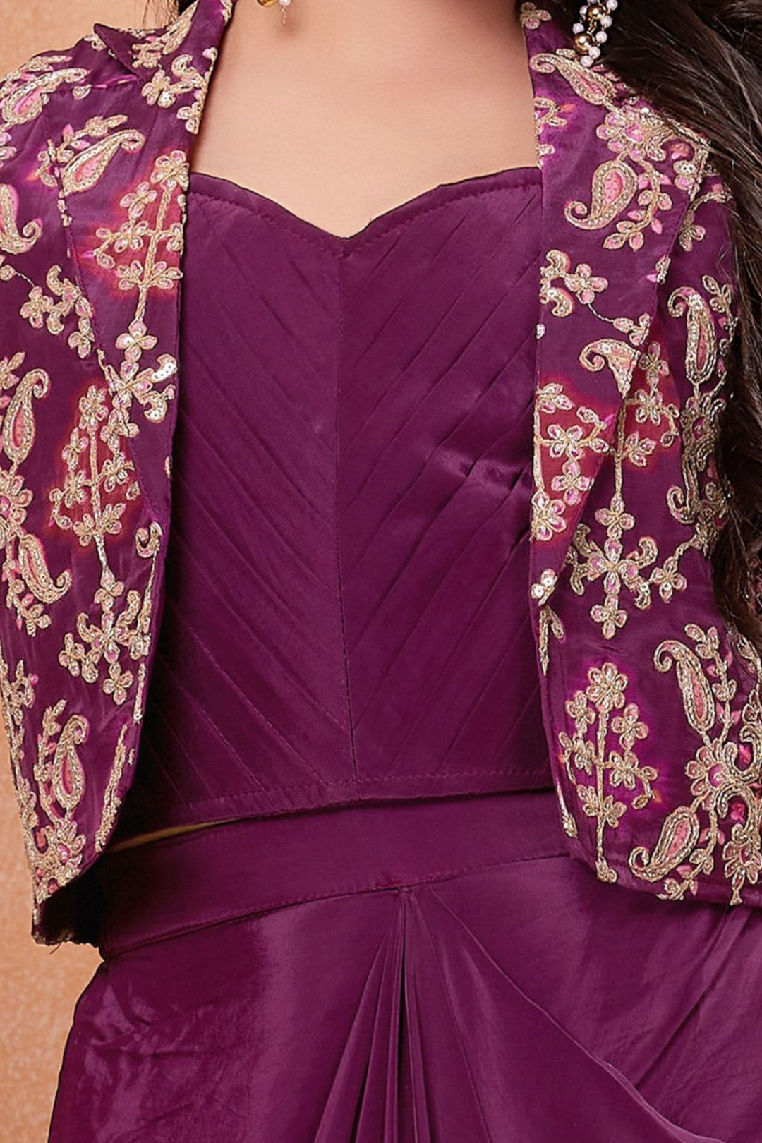 Wine Sequins and Zari Thread work Jacket Styled Choli with Cowl Skirt for Girls