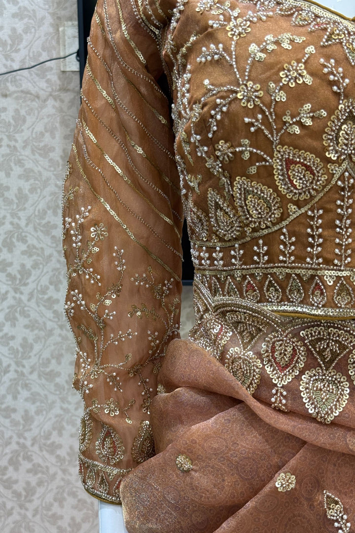 Mustard Pearls, Beads and Multicolor Thread work with Self Print Saree