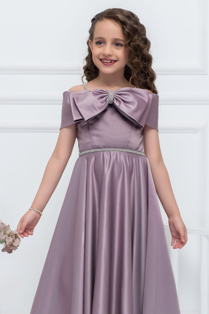 Girls Party Wear Off-Shoulder Gown with Attached Bow and Sparkle Waistband