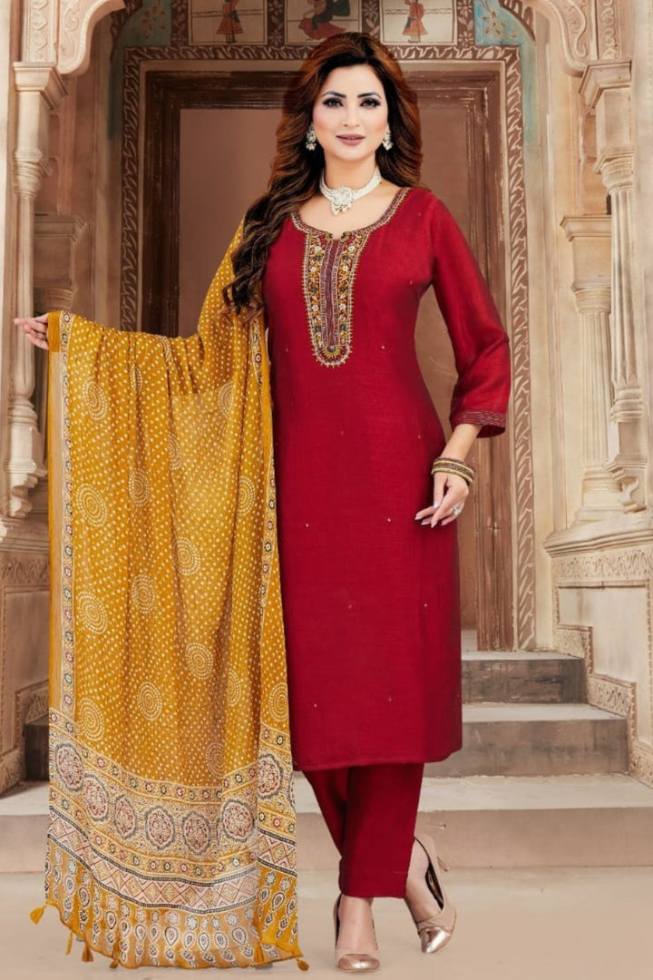 Maroon Mirror, Zari and Thread work Straight Cut Salwar Suit