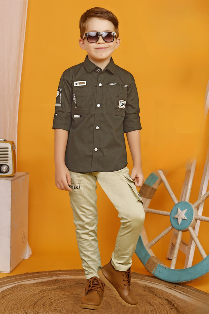 Dark Green Printed Shirt and Cream Pant Set for Boys