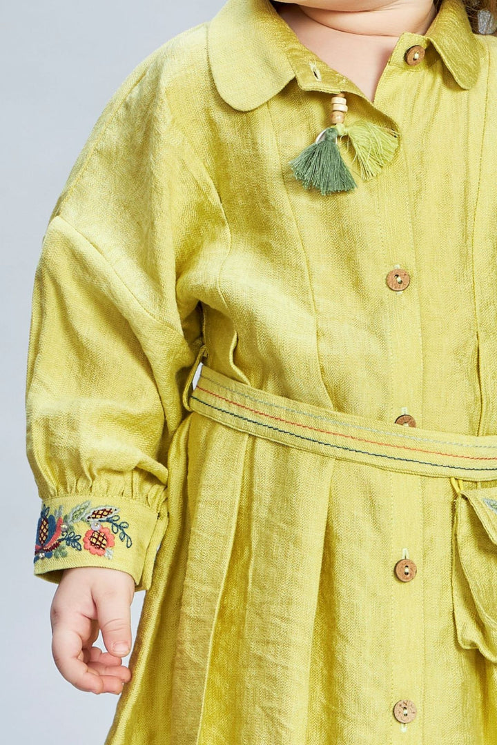 Liril Green Thread work Short Frock for Girls with Belt