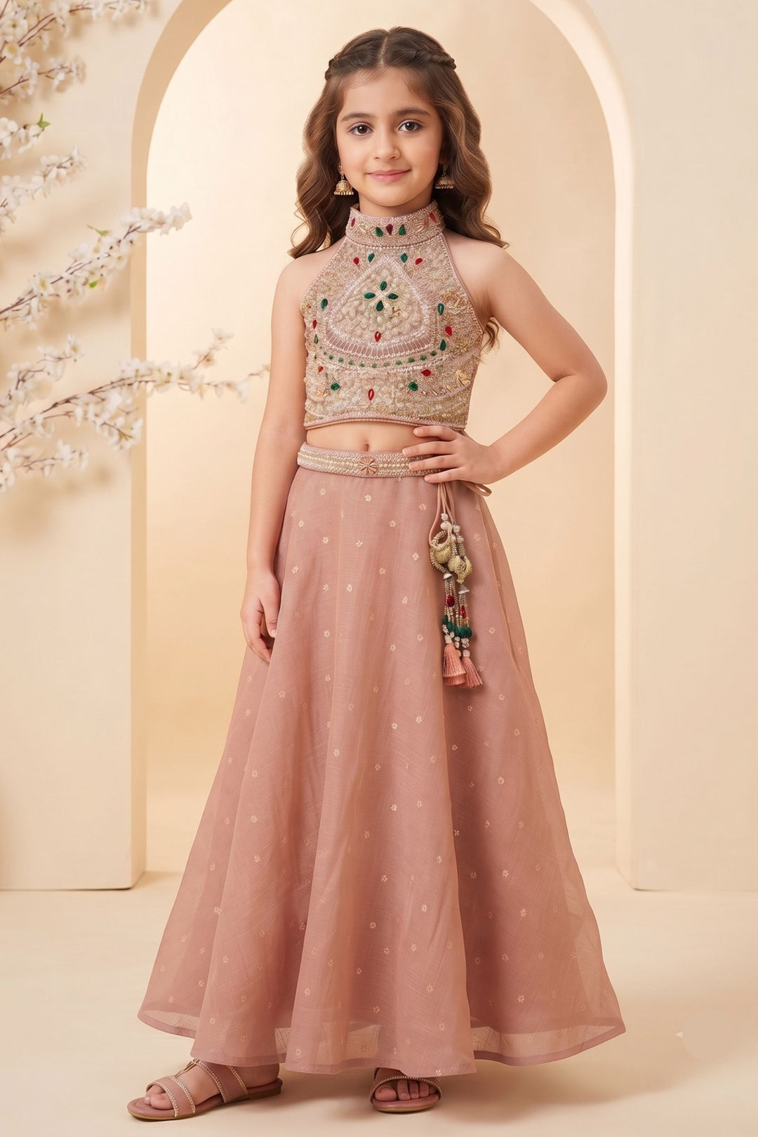 Peach Halter Neck Girls Lehenga Choli with Zari, Beads and Stone work