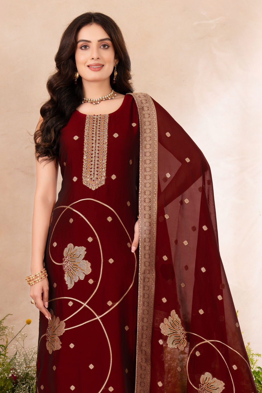 Maroon Banaras, Beads and Sequins work Straight Cut Salwar Suit