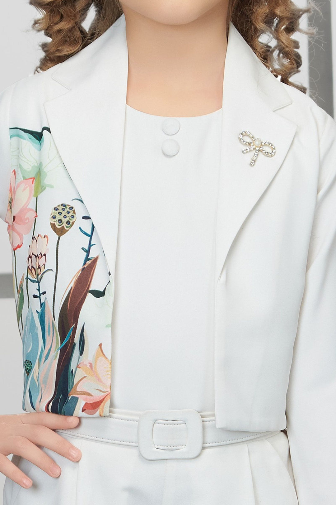 White with Multicolor Digital Print Jacket Styled Palazzo Set for Girls