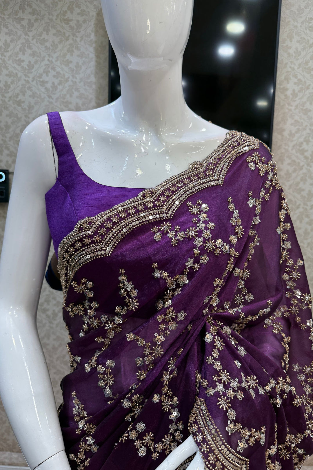 Violet Beads, Zari and Sequins work Saree