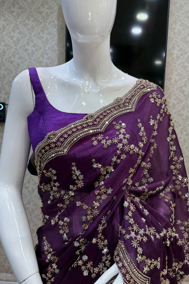 Violet Beads, Zari and Sequins work Saree