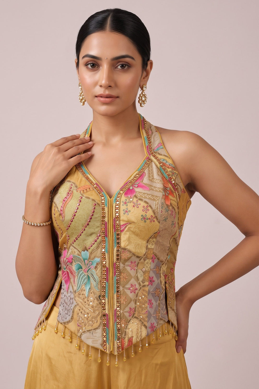 Yellow Halter Neck Palazzo Salwar Suit with Sequins, Mirror, Zari, Stone and Beads Detailing