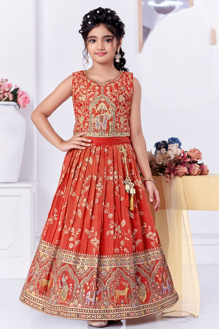 Tomato Red Beads, Sequins, Zari and Embroidery work Lehenga Choli for Girls