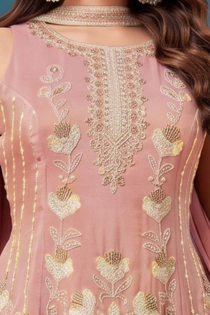 Baby Pink Beads and Sequins work Palazzo Salwar Suit