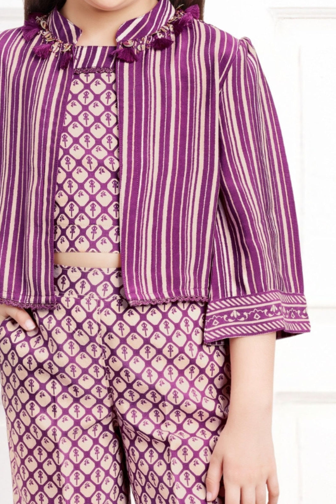 Wine Multicolor Digital Print Jacket Styled Co-ord Set for Girls
