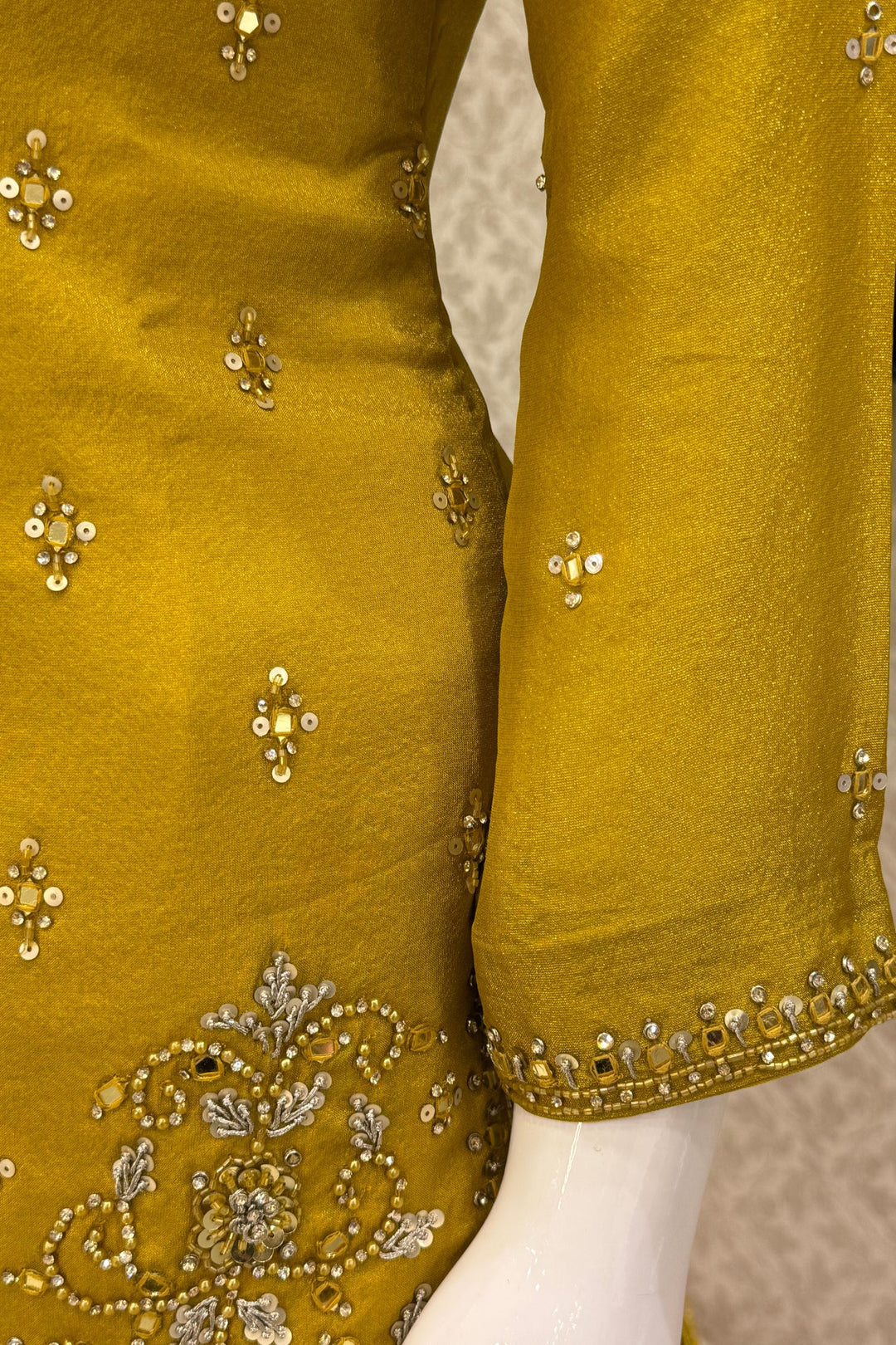Yellow Mirror, Stone, Sequins, Zari, Beads and Banaras work Top with Lehenga