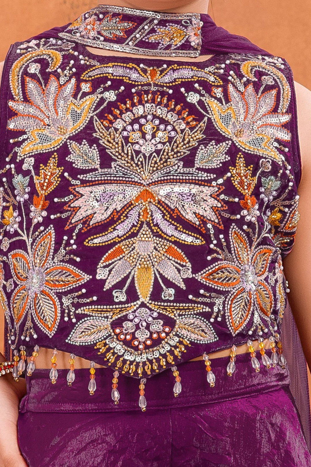 Wine Pearl, Sequins, Beads and Multicolor Embroidery work Palazzo Suit Set for Girls