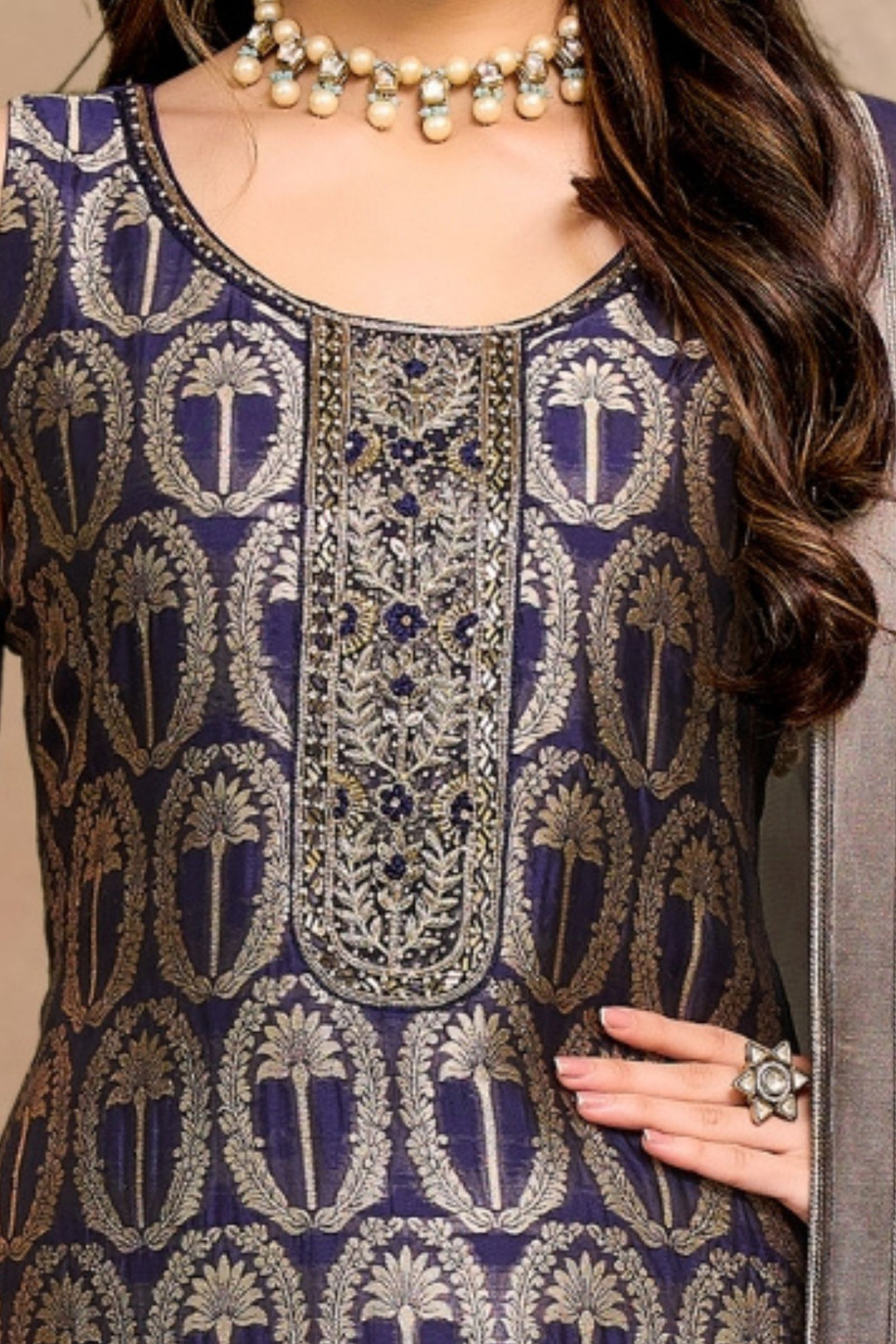 Navy Blue Mirror, Banaras, Stone and Zardozi work Straight Cut Salwar Suit