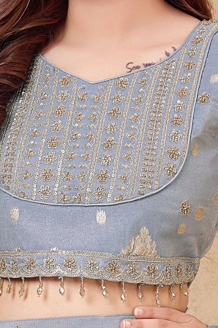 Light Grey Beads, Zari and Sequins work Lehenga Choli for Girls