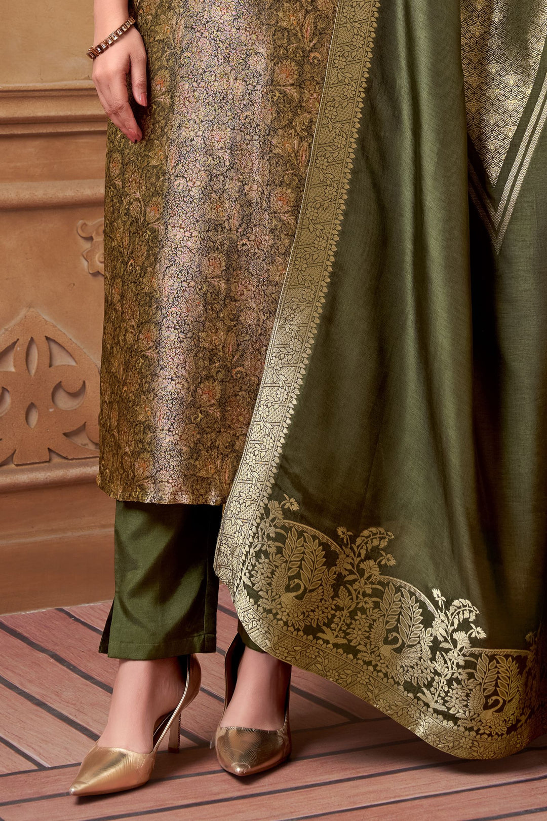 Bottle Green Brocade work Straight Cut Salwar Suit