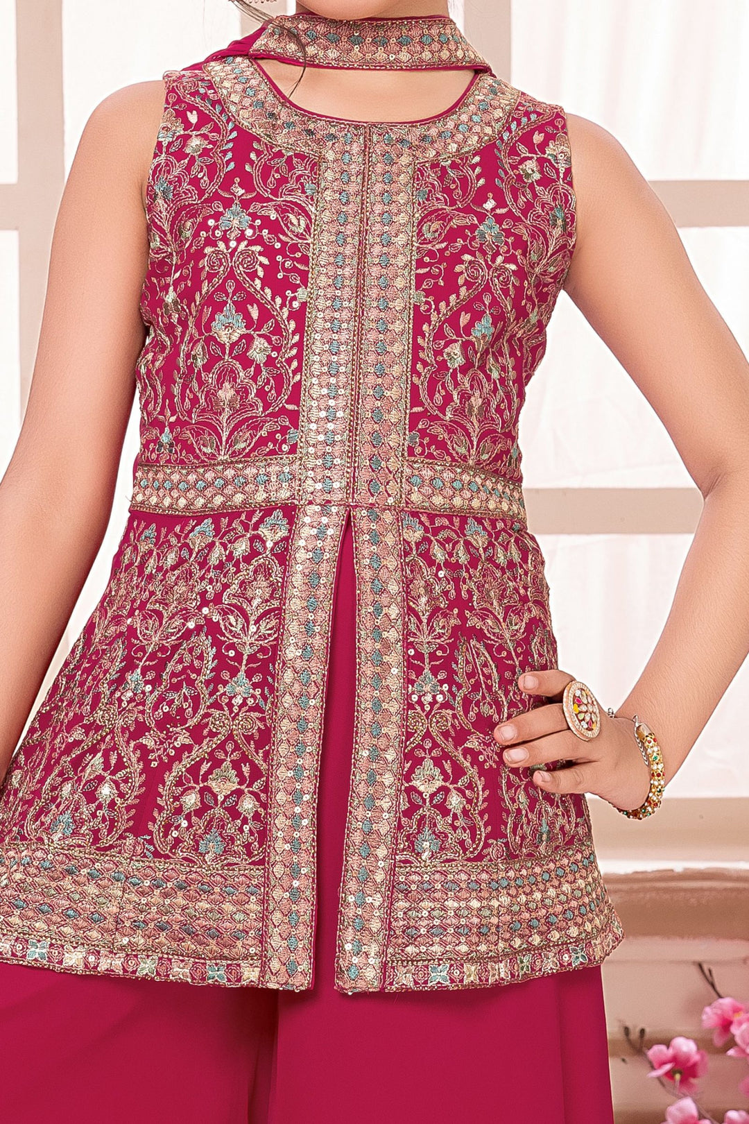 Rani Pink Sequins, Stone and Multicolor Thread work Palazzo Suit Set for Girls