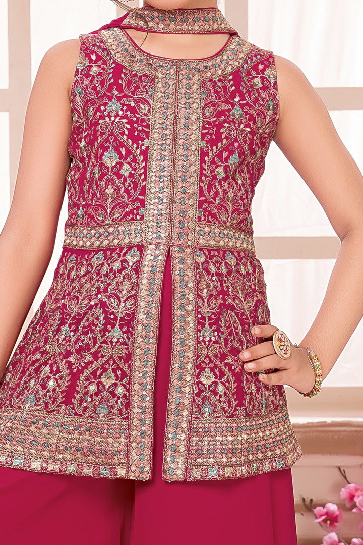 Rani Pink Sequins, Stone and Multicolor Thread work Palazzo Suit Set for Girls