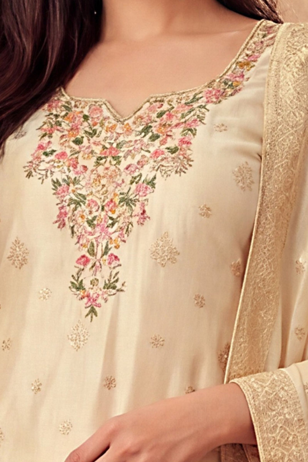 Cream Multicolor Thread, Beads, Zardozi and Banaras Butta work Straight Cut Salwar Suit