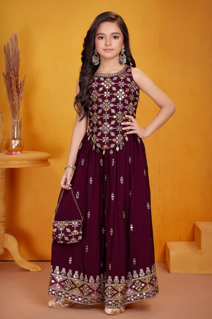 Maroon Sequins, Zari, Mirror and Stone work Palazzo Suit Set for Girls