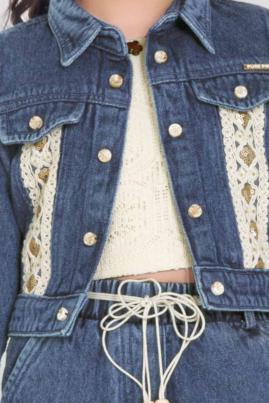 Blue with Cream Thread and Sequins work Jacket Styled Top and Pant Set for Girls