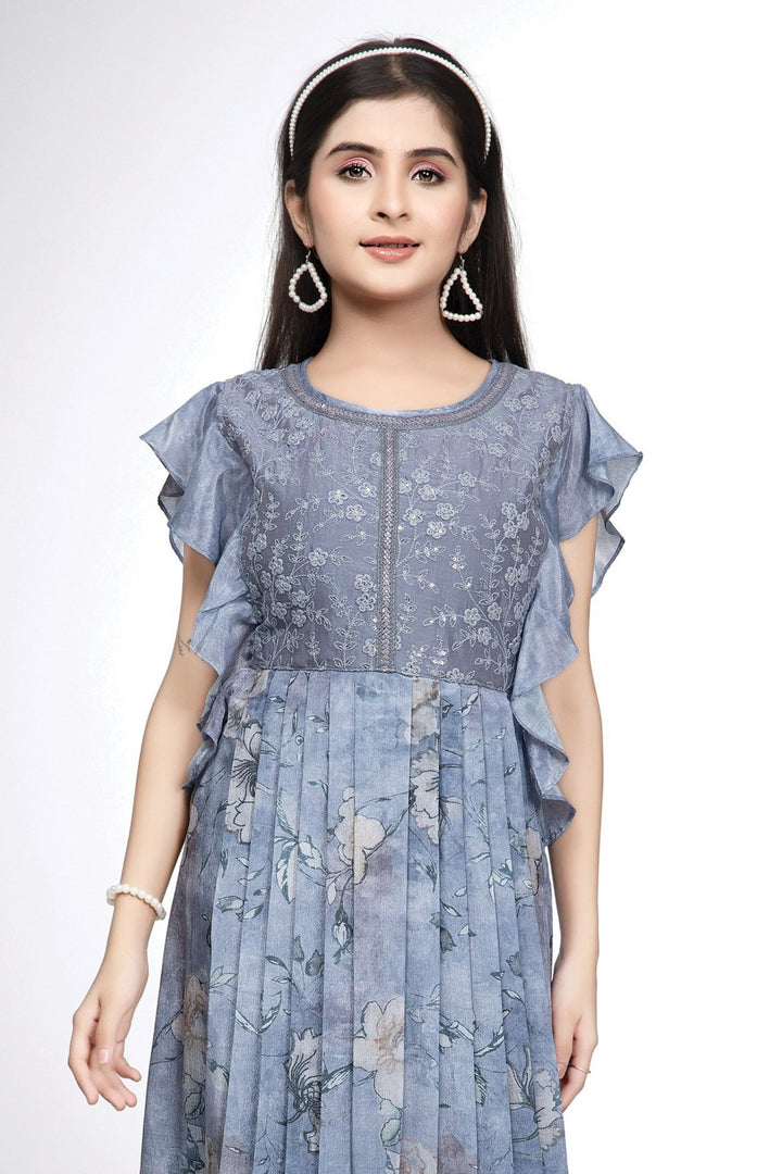 Girls Floral Print Casual Frock with Embroidered Yoke