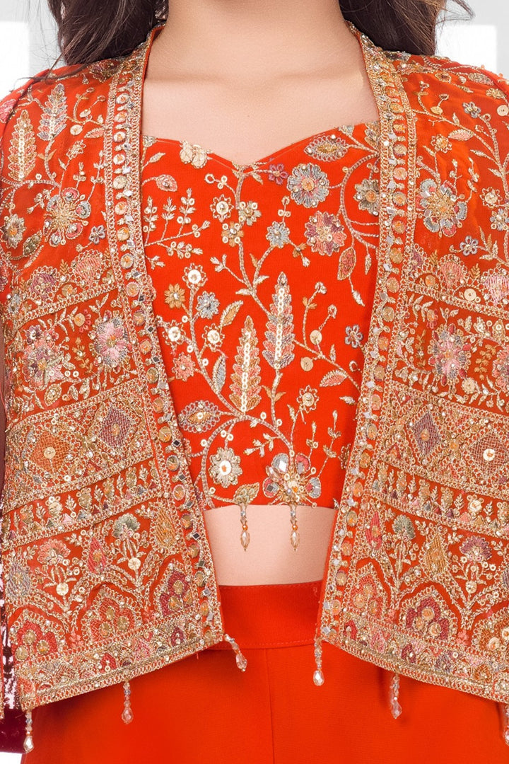 Orange Stone, Zari and Multicolor Embroidery work Jacket Styled Palazzo Set for Girls