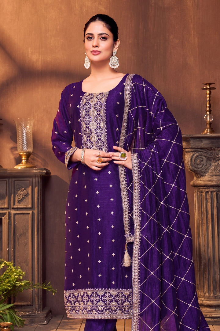 Purple Sequins, Zari and Beads work Straight Cut Salwar Suit