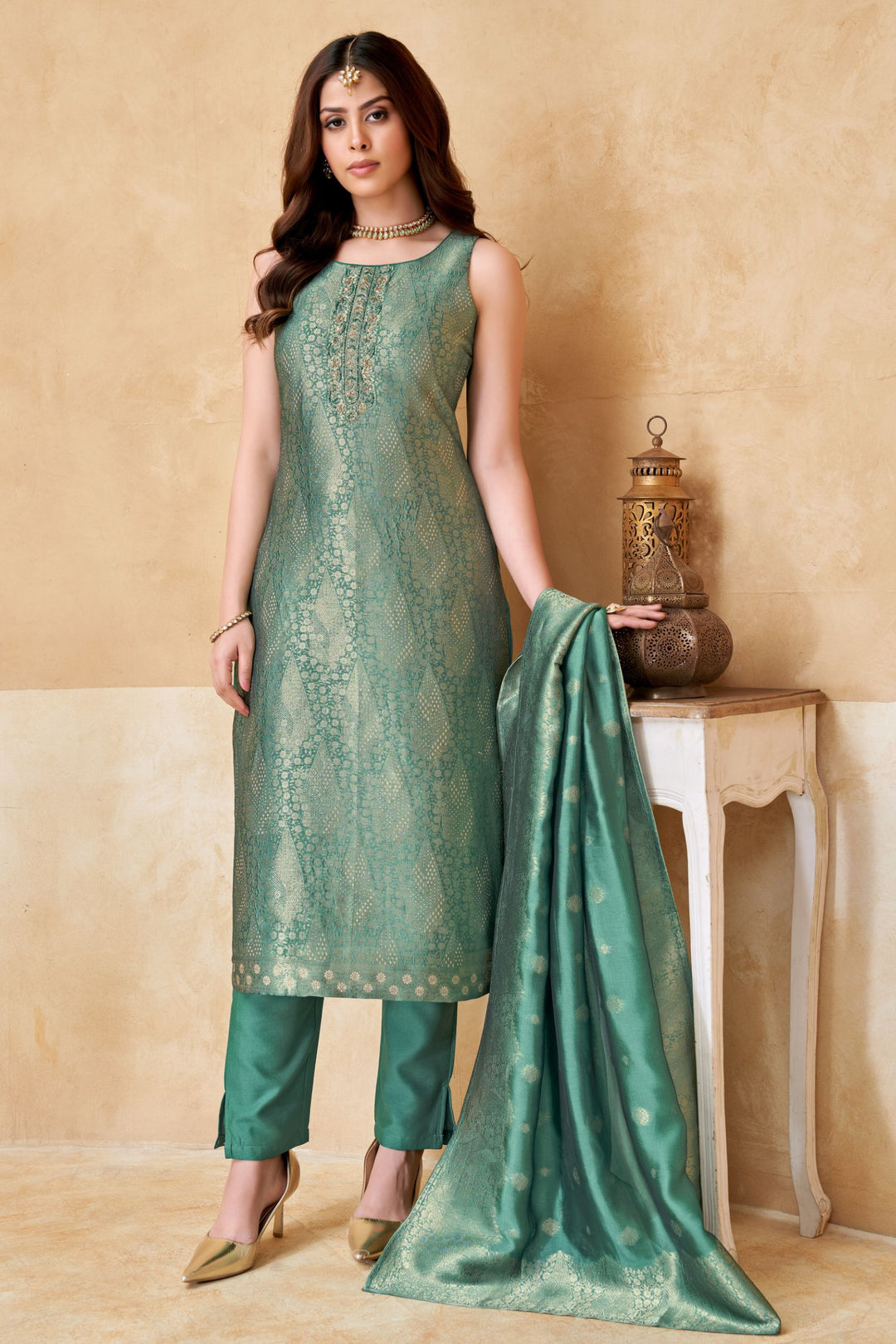 Sea Green Brocade, Zardozi, Beads and Sequins work Straight Cut Salwar Suit
