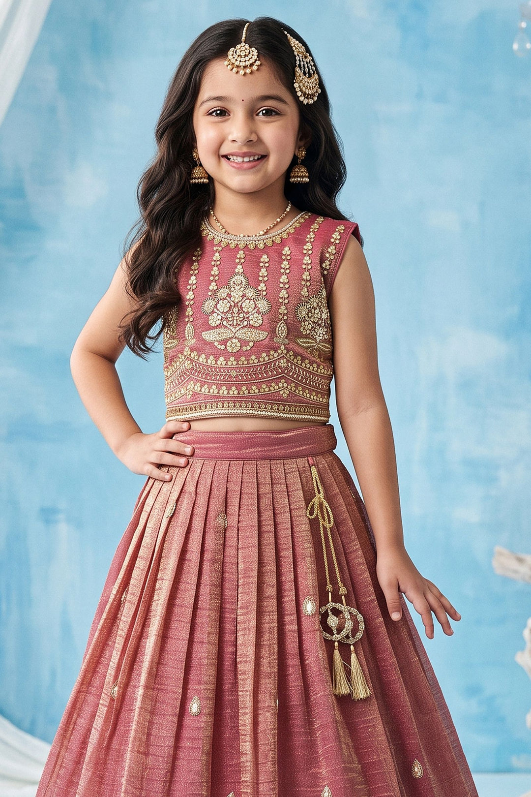 Peach Beads, Sequins and Zari work Lehenga Choli for Girls