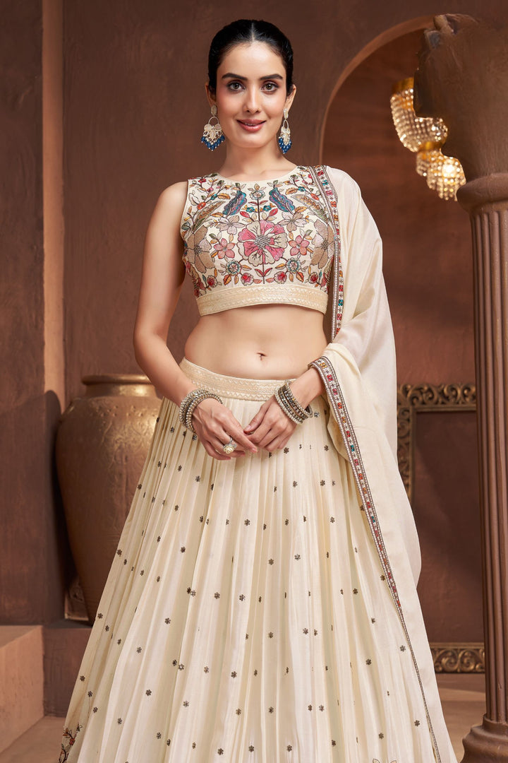 Cream Multicolor Embroidery, Beads and Sequins work Lehenga