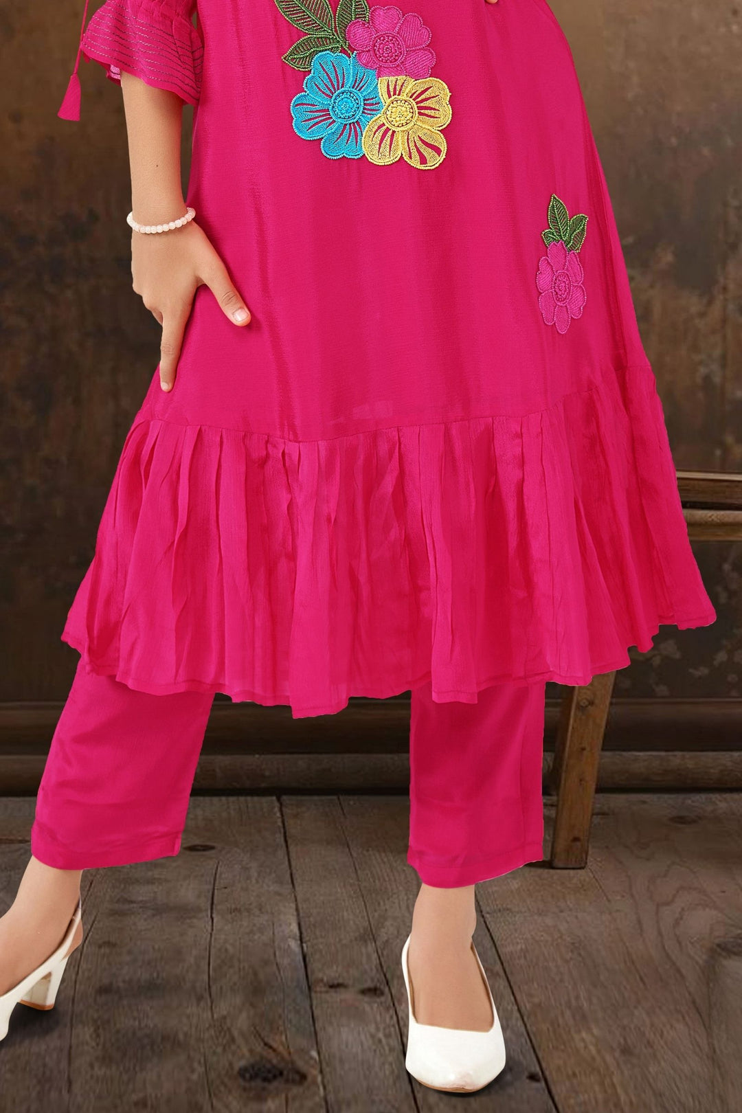 Rani Pink Multicolor Embroidery and Beads work Casual Kurti for Girls