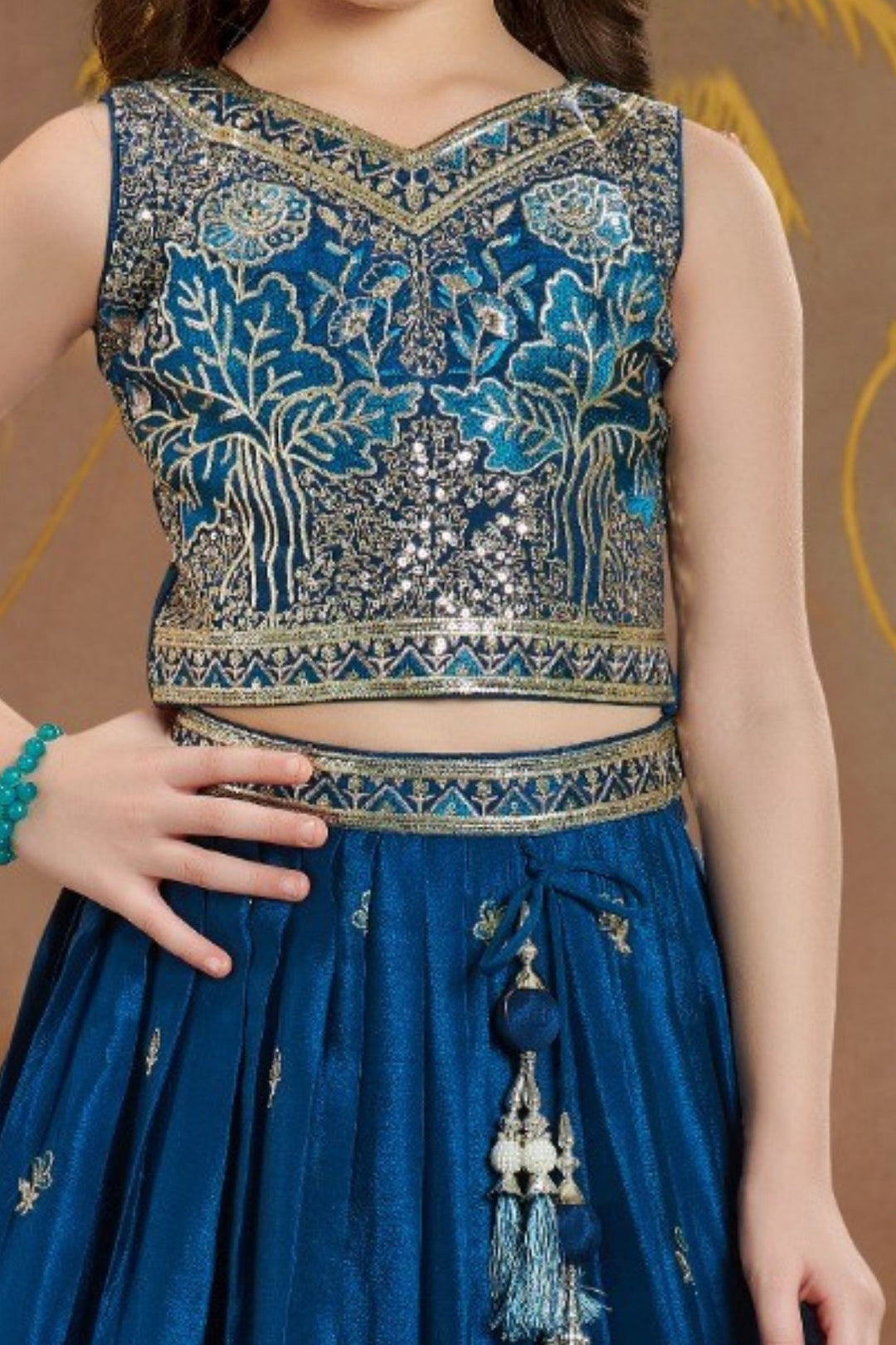Teal Blue Sequins, Zari and Thread work Lehenga Choli for Girls