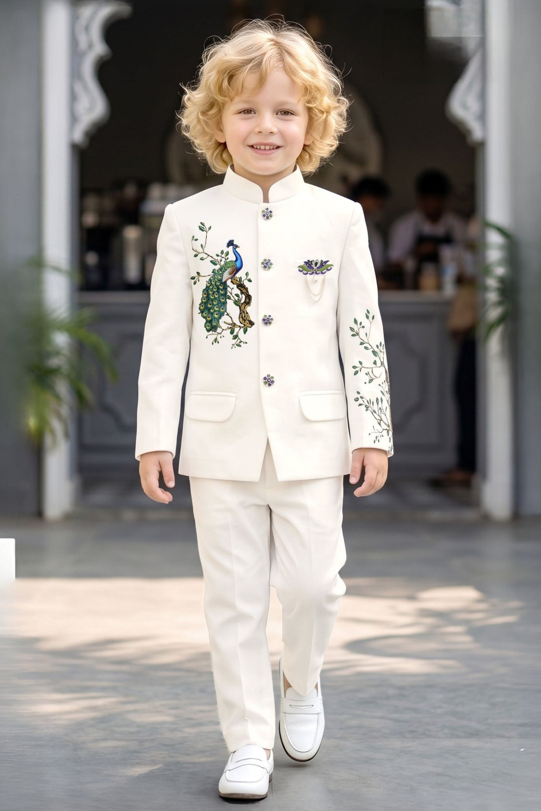 White Peacock Applique Jodhpuri Suit for Boys