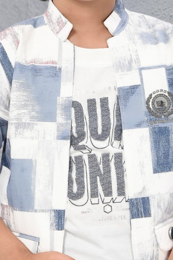 White with Printed Blazer, T-Shirt and Blue Pant Set for Boys with Belt