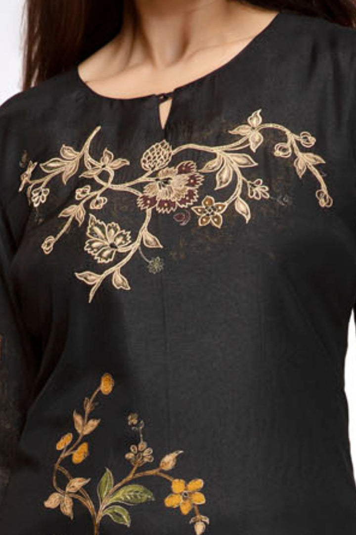 Black Thread and Mirror work with Floral Print Calf Length Kurti
