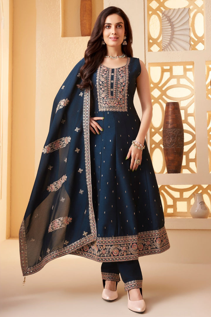 Peacock Blue Sequins, Zari and Multicolor Thread work Anarkali Style Salwar