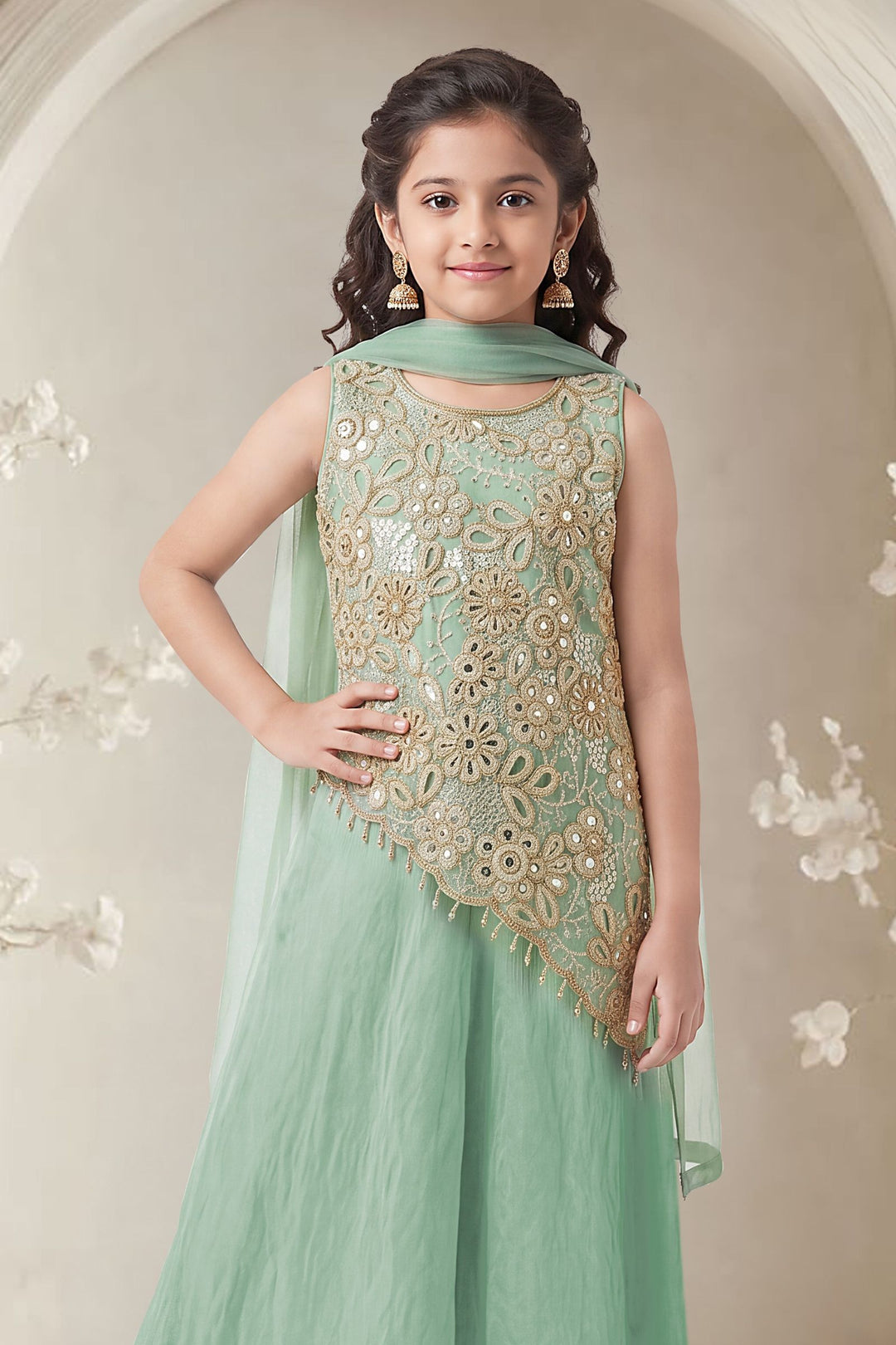 Sea Green Beads, Sequins and Thread work Palazzo Suit Set for Girls