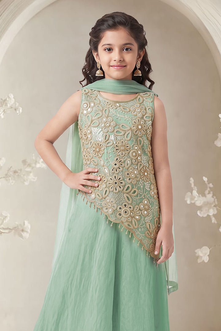 Sea Green Beads, Sequins and Thread work Palazzo Suit Set for Girls