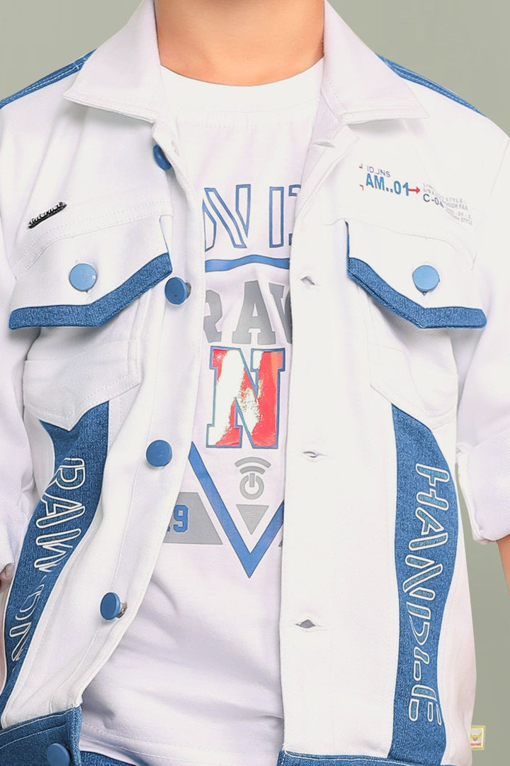 White with Blue Blazer, Printed T-Shirt and Pant Set for Boys