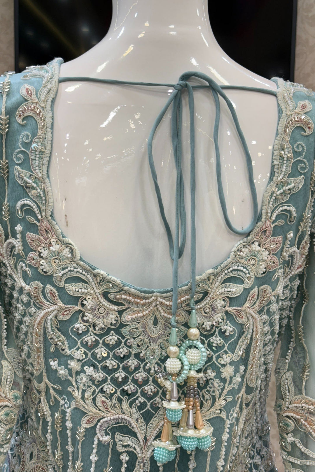 Sea Green Beads, Multicolor Embroidery and Sequins work Palazzo Suit Set