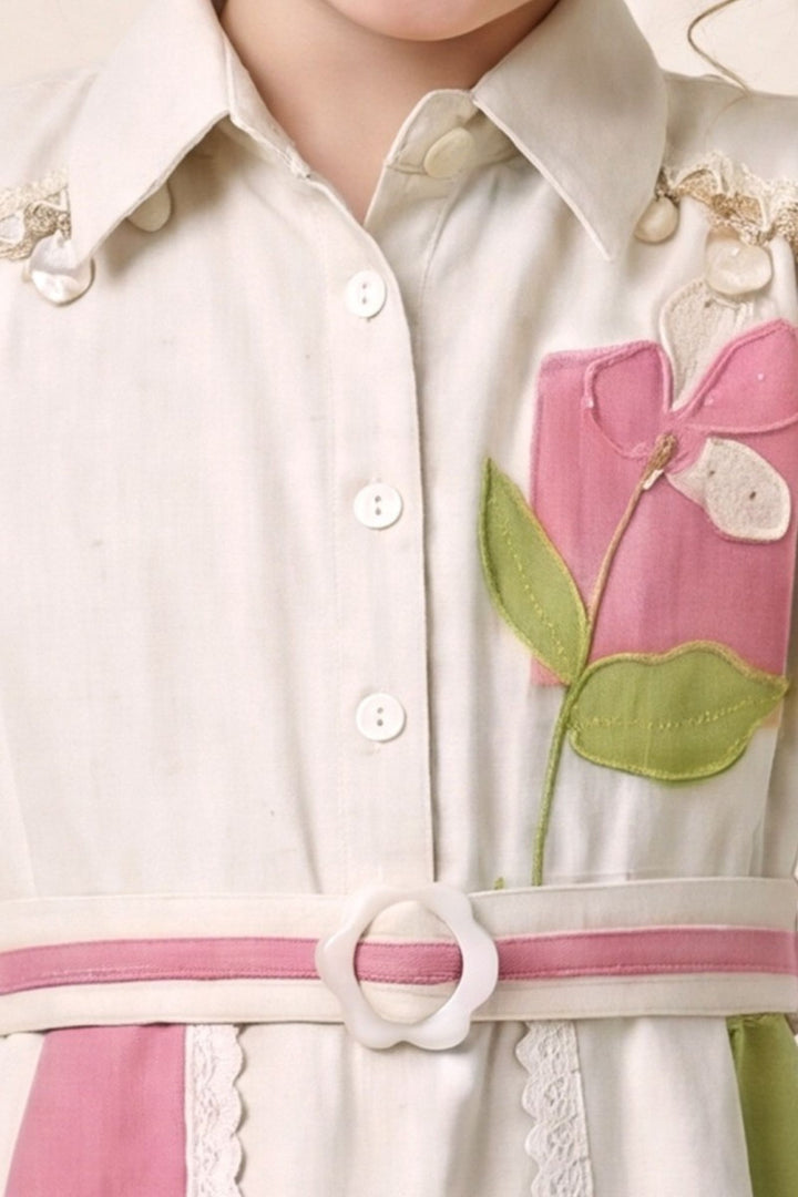 Cream with Green and Pink Colorblock Styled Short Frock For Girls