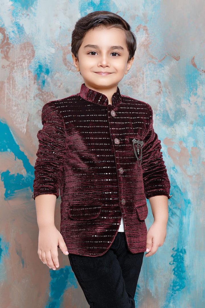 Maroon Waist Coat with White T-Shirt and Black Pant Set for Boys