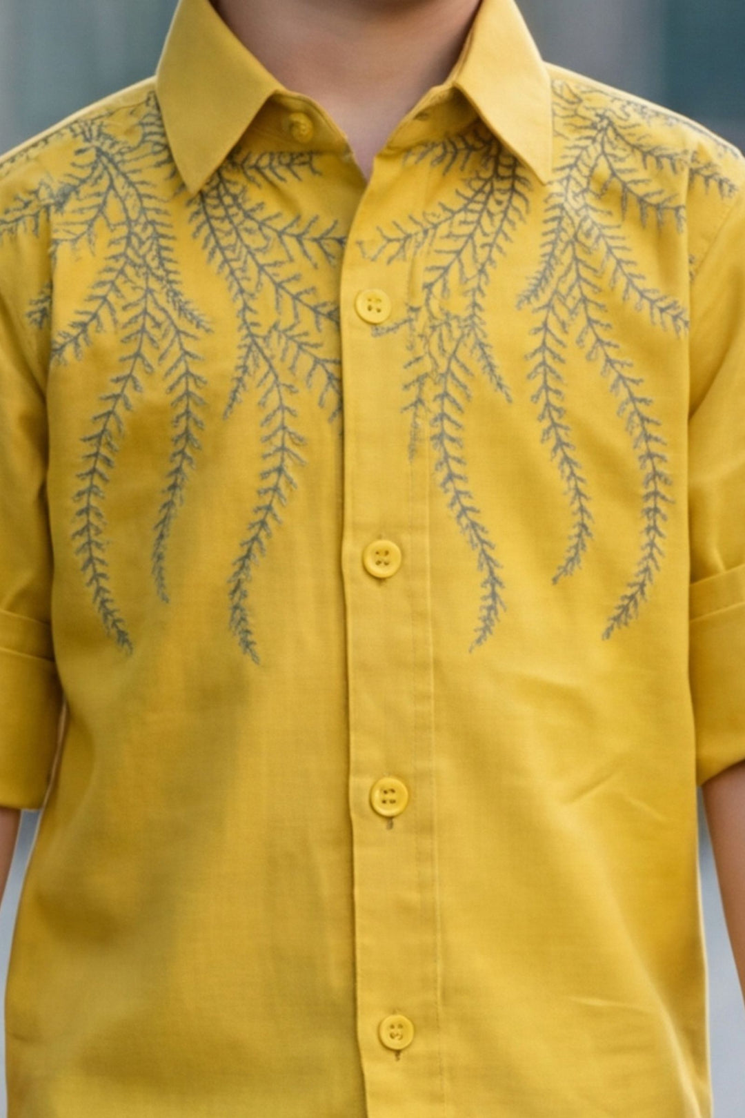 Yellow Thread work Shirt and Blue Pant Set for Boys