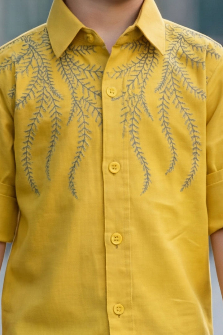 Yellow Thread work Shirt and Blue Pant Set for Boys