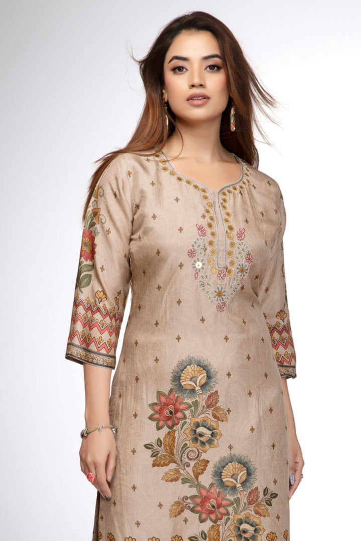 Beige Printed Floral Kurta with Embroidered Neckline