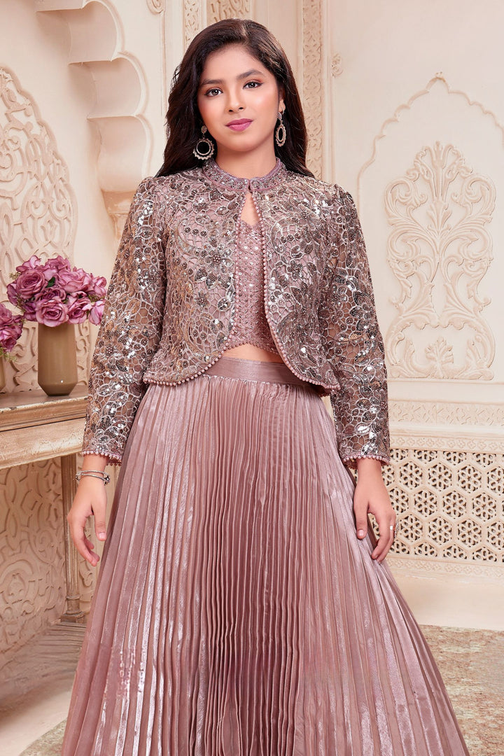 Onion Pink Sequins, Beads and Thread work Jacket Styled Lehenga Choli for Girls