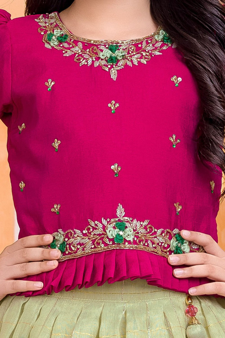 Rani Pink with Pista Green Zardozi, Stone, Beads and Banaras Zari work Lehenga Choli for Girls