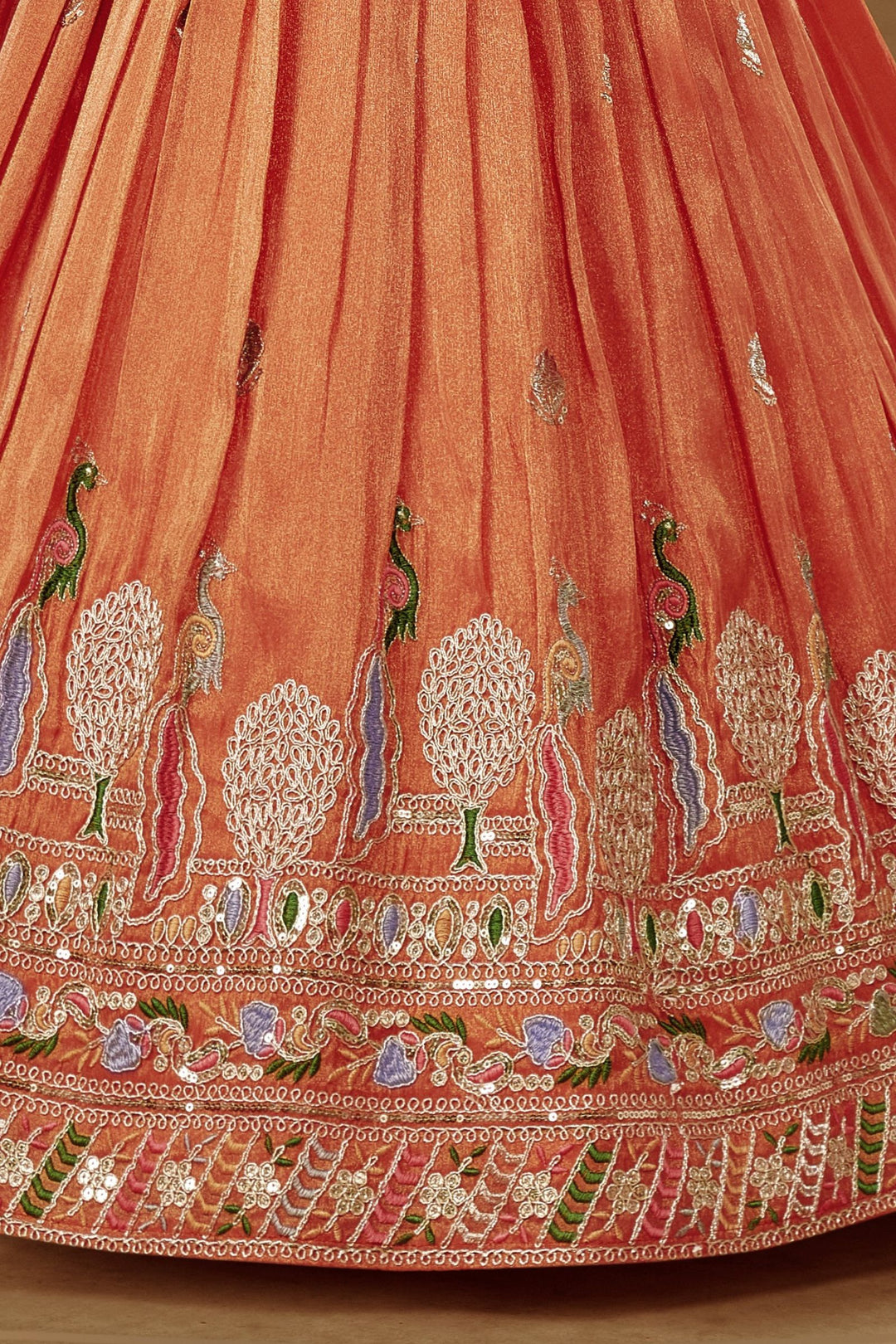 Orange Zari Thread, Sequins and Multicolor Embroidery work Lehenga Choli for Girls